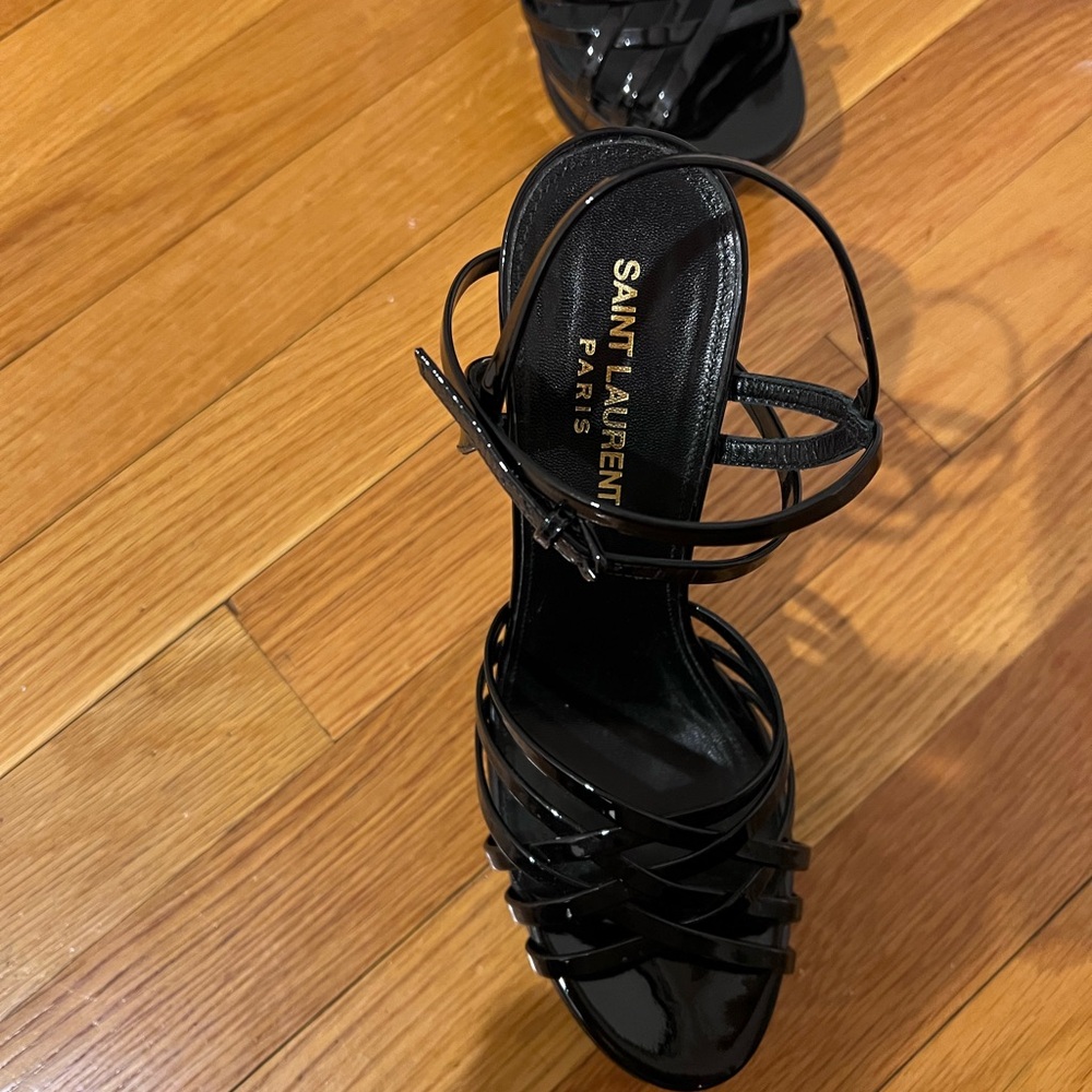 Saint Laurent YSL Black Patent Leather Tribute Cage Platform Criss Cross Heel 37 - Picture 9 of 10